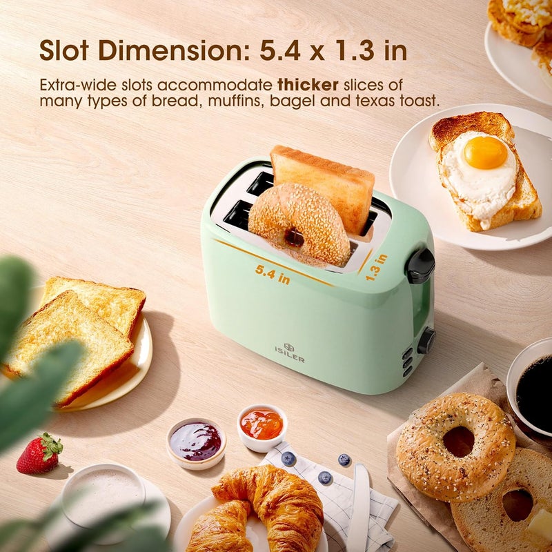 ISILER 2 Slice Toaster, 1.3 Inches Wide Slot Bagel Toaster with 7 Shade Settings and Double Side Baking, Removable Crumb Tray, Defrost Cancel Function Green - Image 3